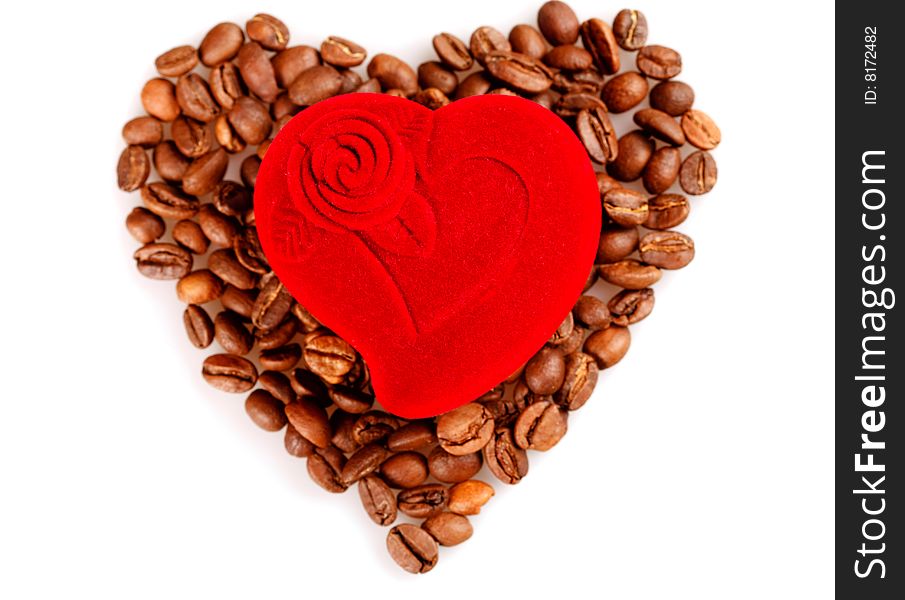 Red heart box on coffee beans. Red heart box on coffee beans