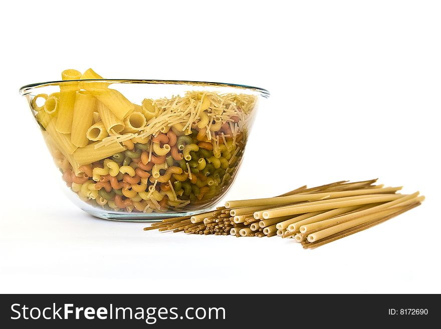 Colorful noodles bowl on a white background