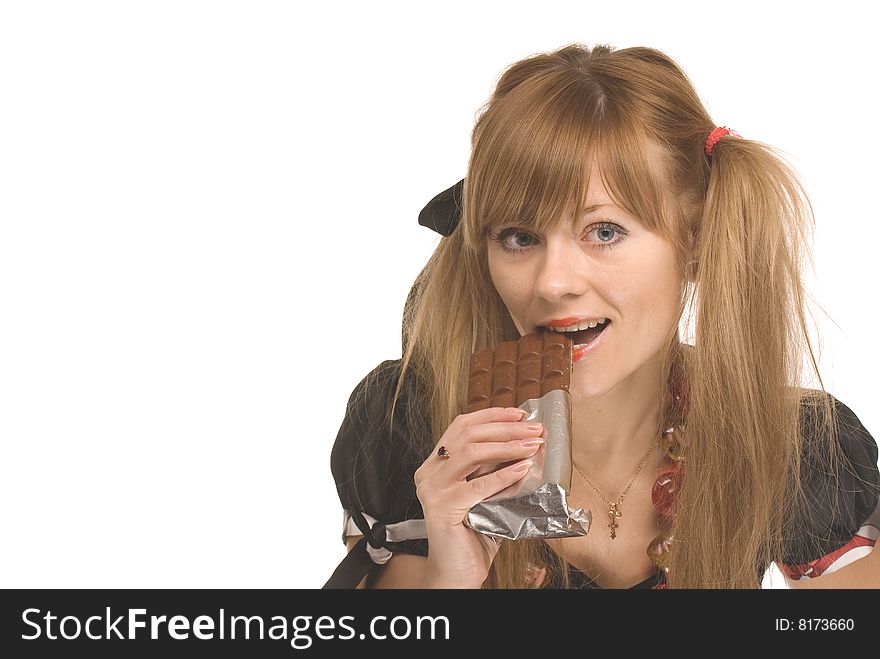 Portrait of the girl with chocolate on a white background