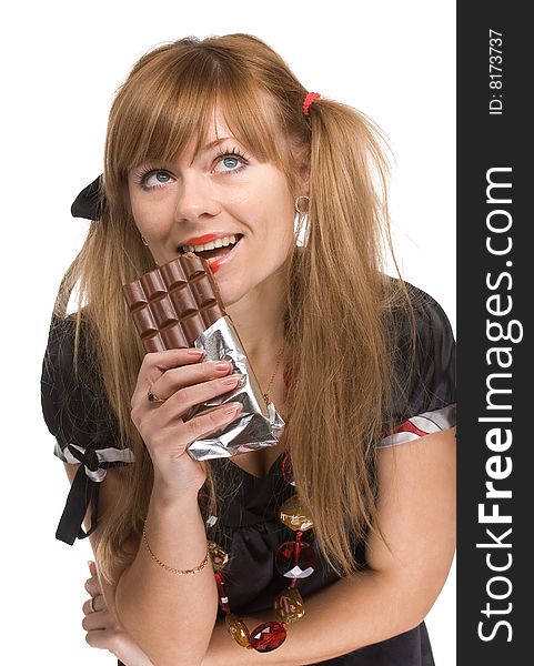 Portrait of the girl with chocolate on a white background