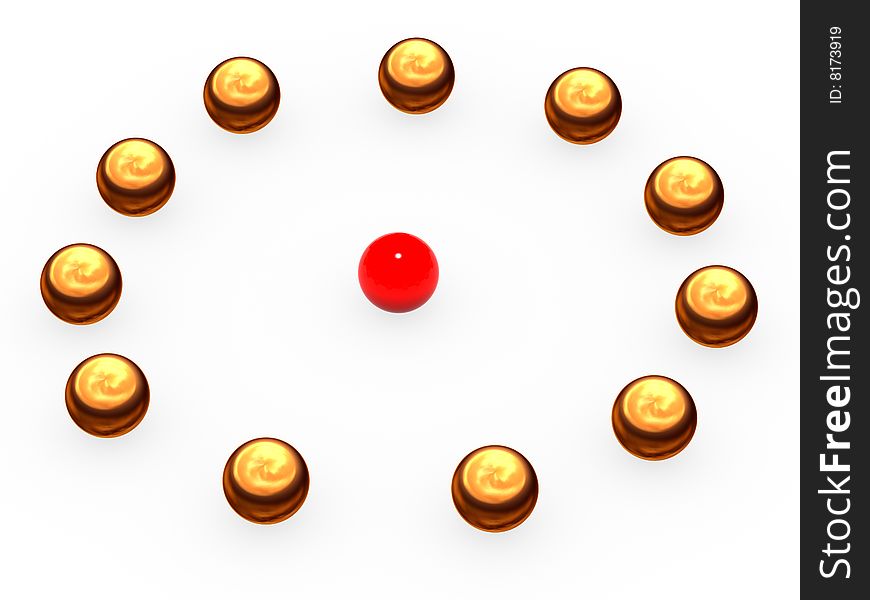 Gold spheres laid out on a circle, inside of which red sphere. Gold spheres laid out on a circle, inside of which red sphere.