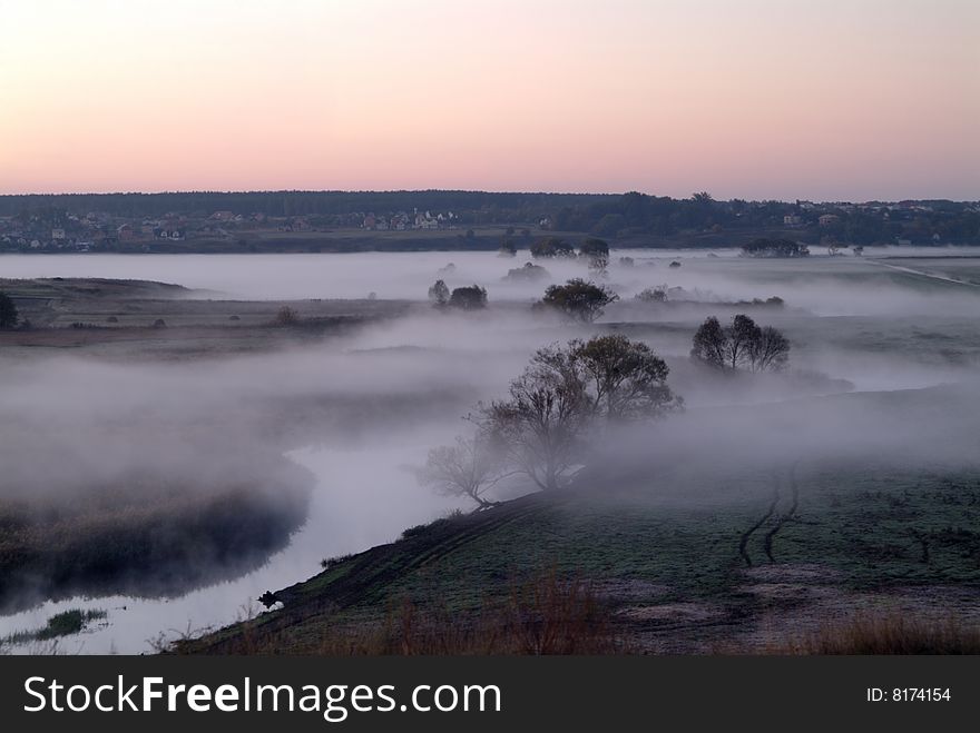 Misty morning.River in the fog
