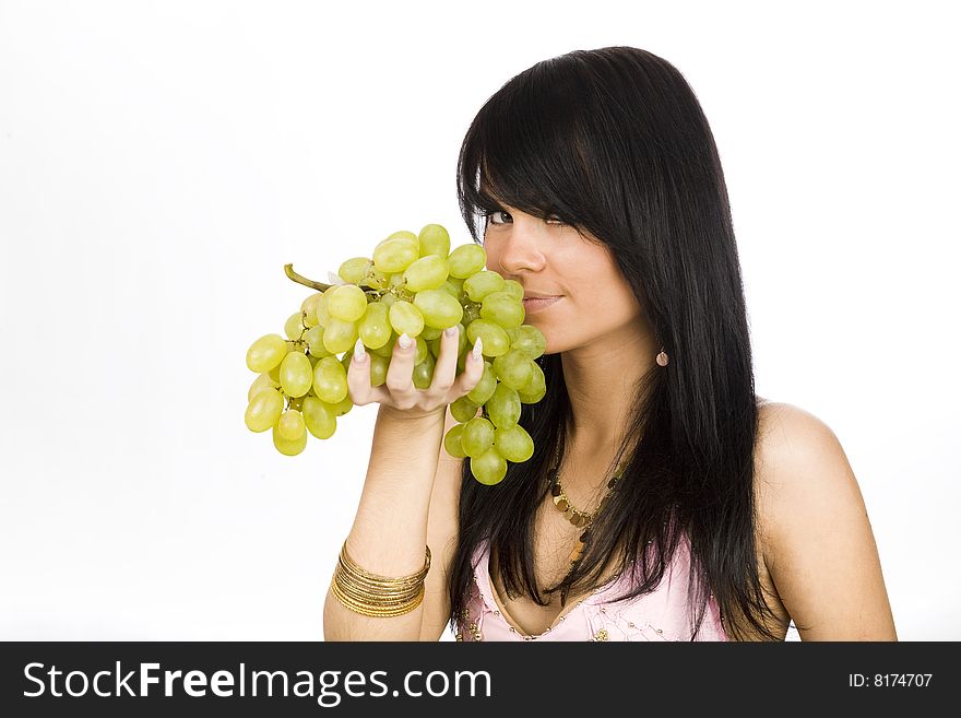 Brunette With Green Grapes