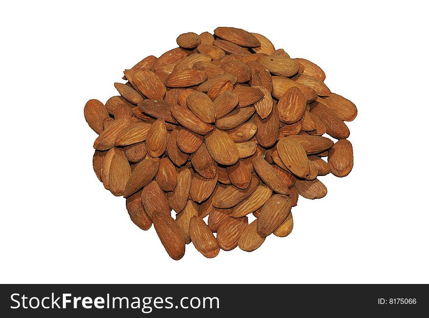 A heap of almonds with white isolated background. A heap of almonds with white isolated background