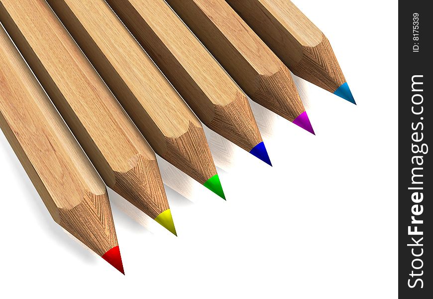 Wooden color pencils in arrange in line on white background