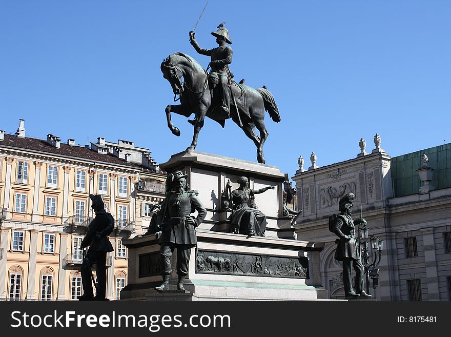 Carlo Alberto memorial statue in Turin. You can see the National Library behind