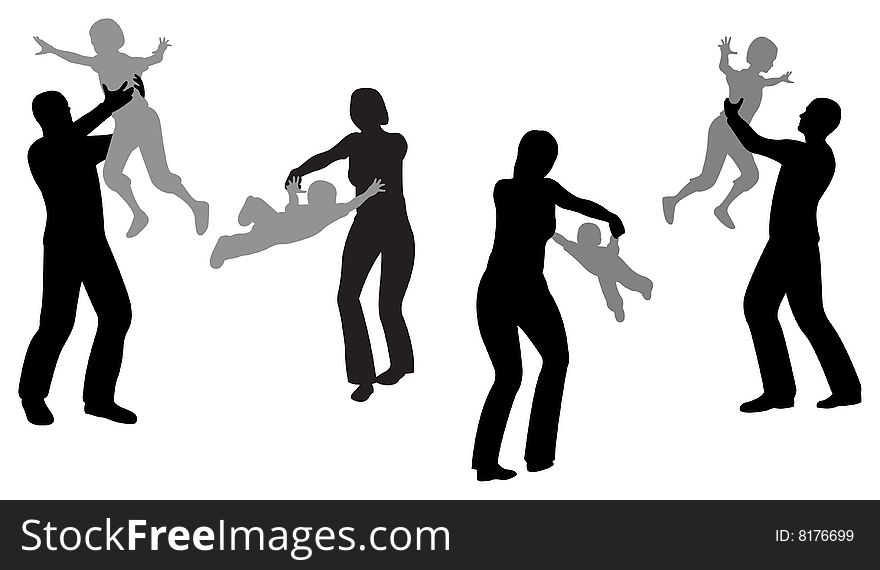 Children on parents hands, silhouette on white