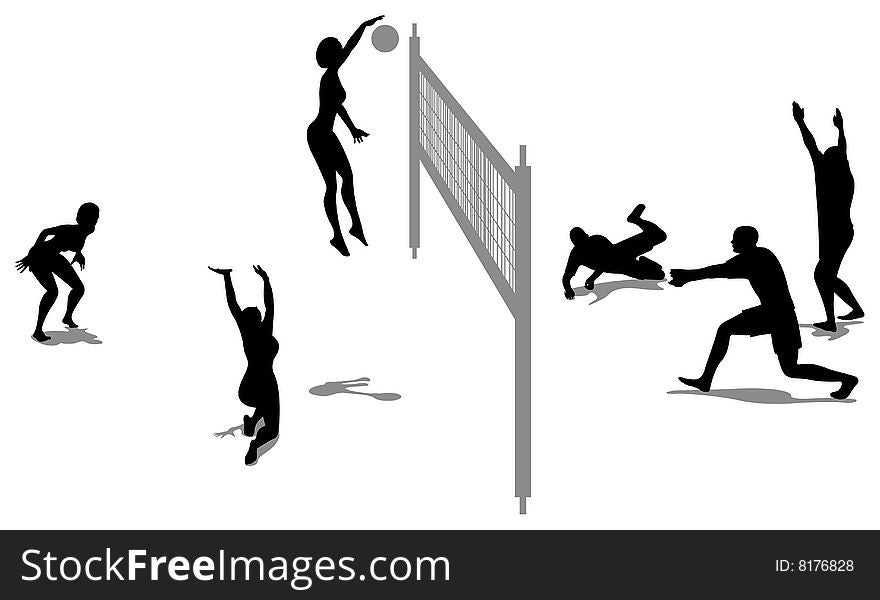 Volleyball game silhouette on white,