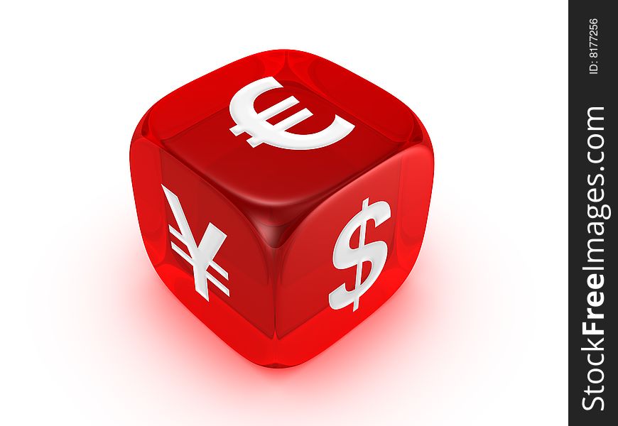 One translucent red dice with dollar euro yen sign isolated on white background. One translucent red dice with dollar euro yen sign isolated on white background