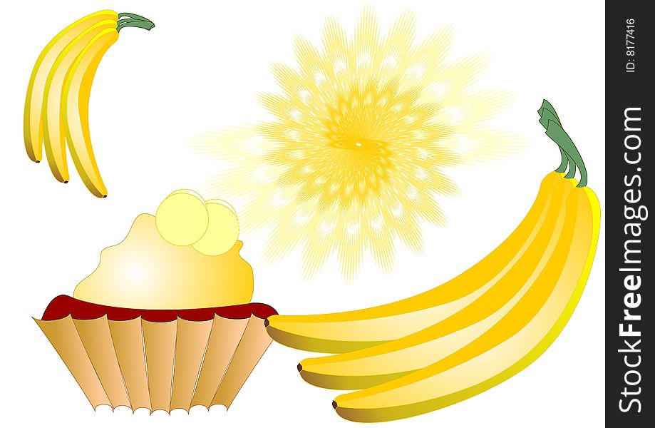 Cupcake and clusters of bananas isolated on a white background. Cupcake and clusters of bananas isolated on a white background.