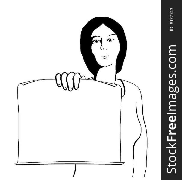 Drawing of a woman who holds a sheet of paper - on paper can give some text, image, map . Drawing of a woman who holds a sheet of paper - on paper can give some text, image, map ...