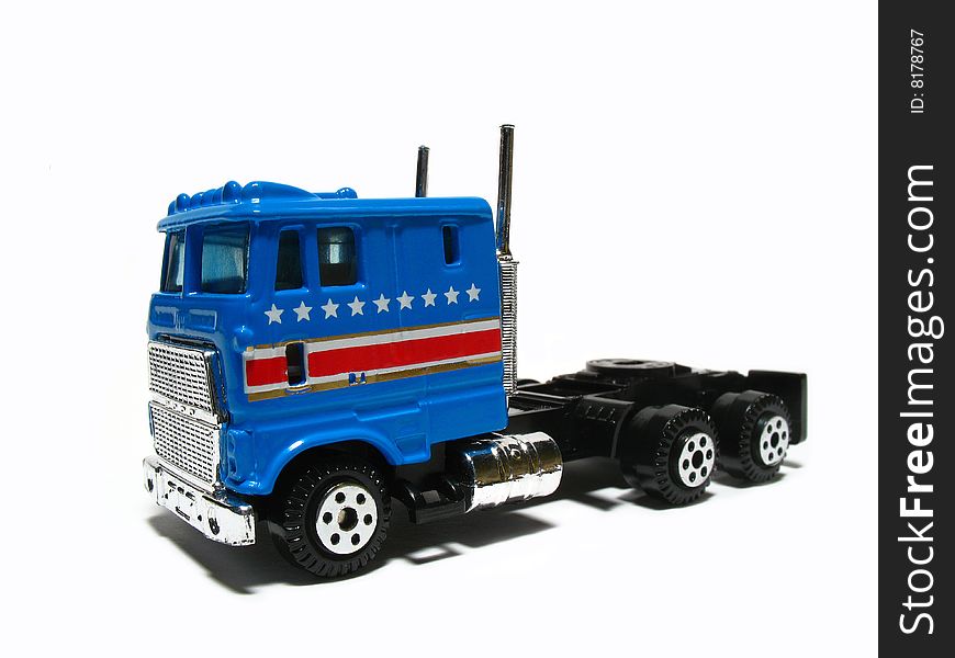 Blue toy truck on white background