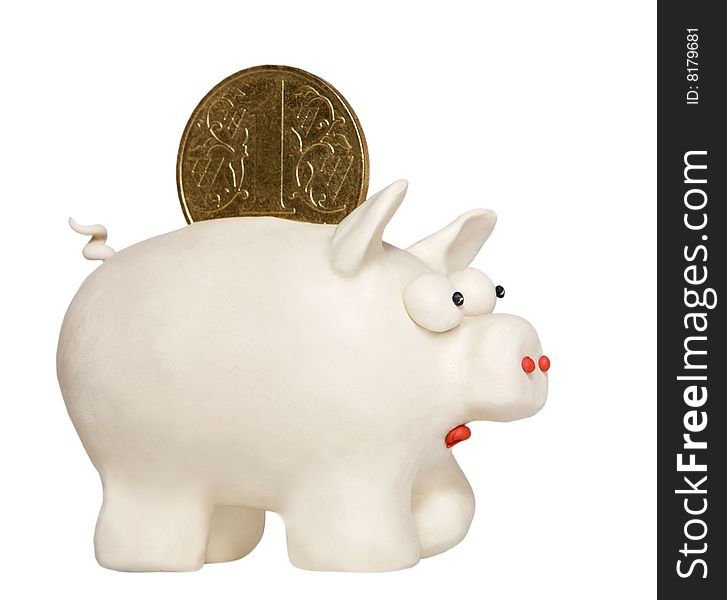 Plasticine piggy bank with coin isolated on white