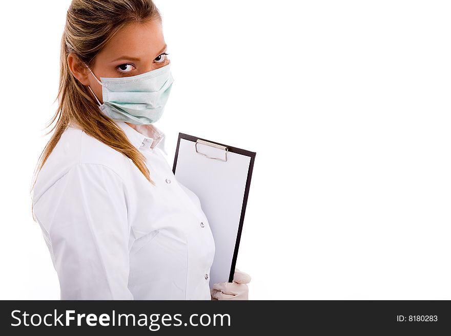 Front view of female doctor against white background. Front view of female doctor against white background