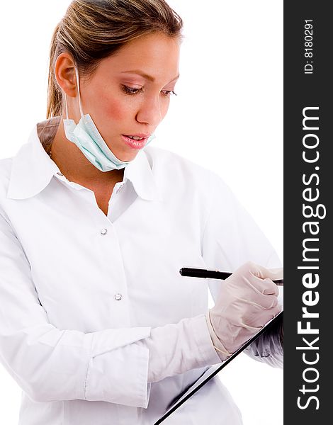 Front view of doctor writing prescription