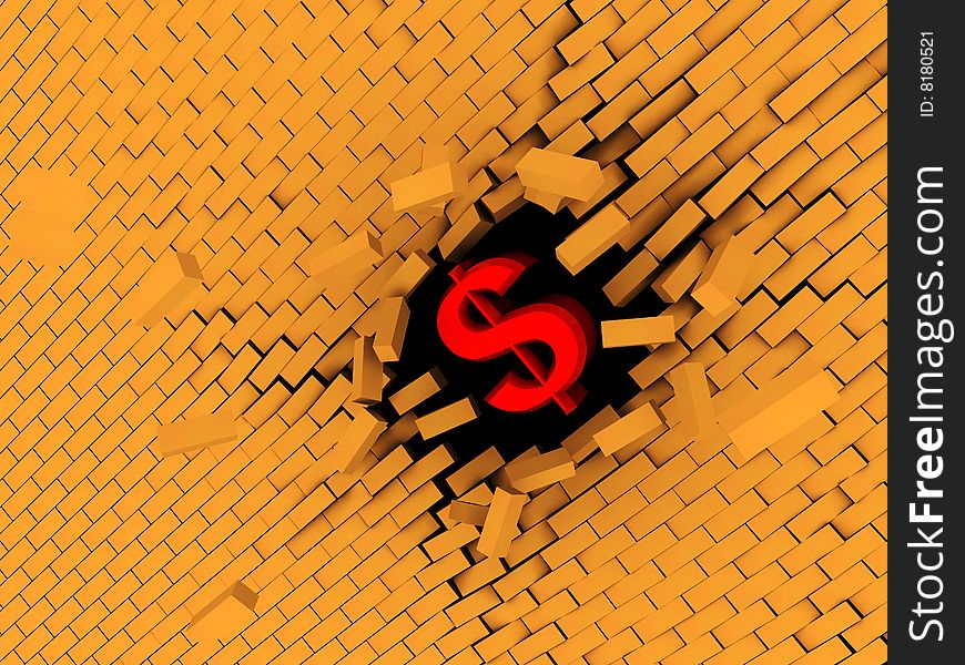 Abstract 3d illustration of dollar sign breking wall. Abstract 3d illustration of dollar sign breking wall