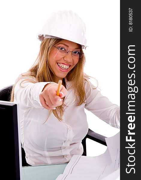 Portrait of young professional looking at camera with white background