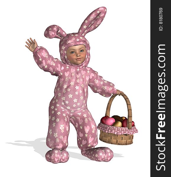 3D render of a baby dressed up like a bunny, carrying an Easter basket. 3D render of a baby dressed up like a bunny, carrying an Easter basket.
