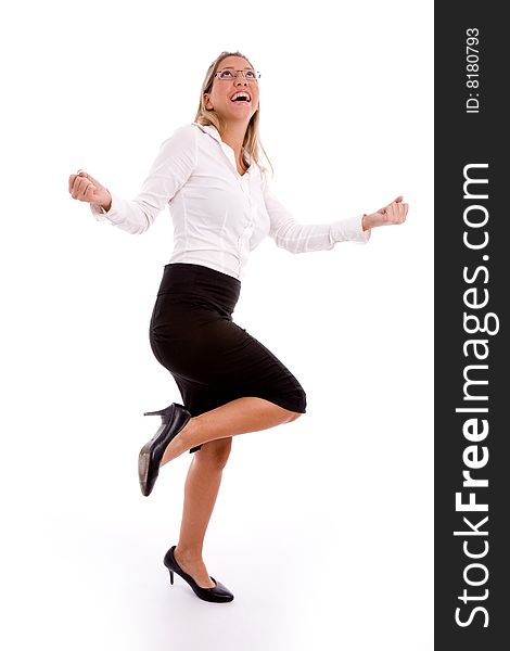 Side view of successful businesswoman against white background