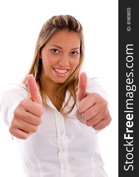 Portrait of smiling lawyer showing thumb up with hands on an isolated background