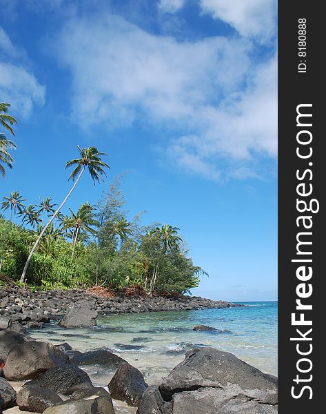 Beautiful secluded beach with palm trees, crystal clear water and blue skies on Kauai. Beautiful secluded beach with palm trees, crystal clear water and blue skies on Kauai