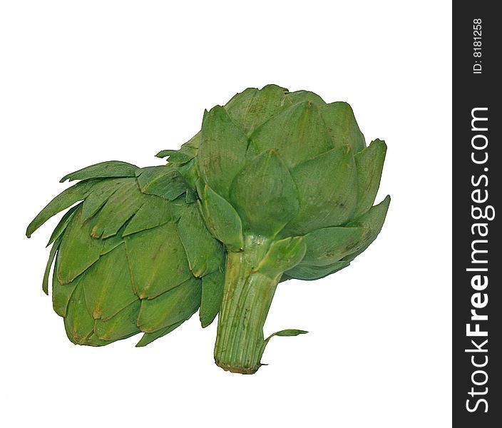 Fresh, raw artichokes on white background