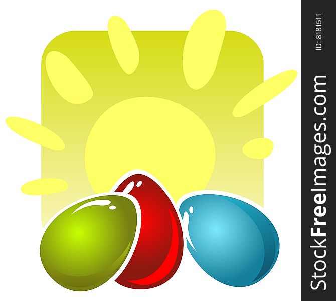 Three easter eggs and sun on a yellow background. Easter illustration.