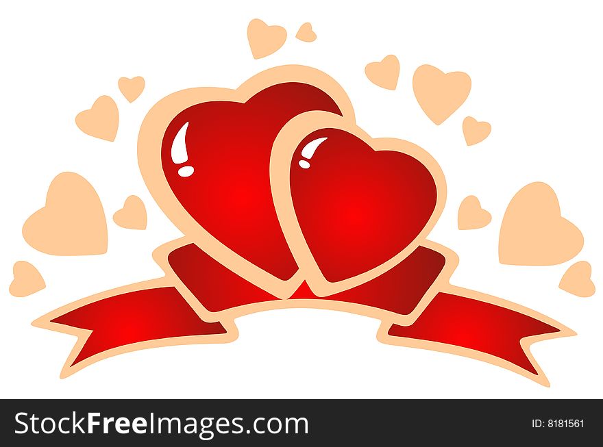 Two hearts and ribbon isolated on a white background.