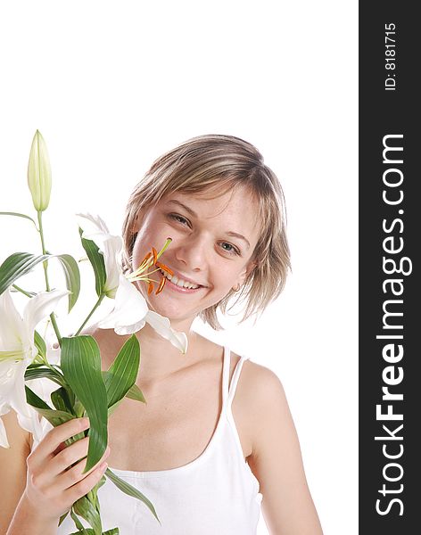 Gorgeous blonde with flowers isolated on white background. Gorgeous blonde with flowers isolated on white background