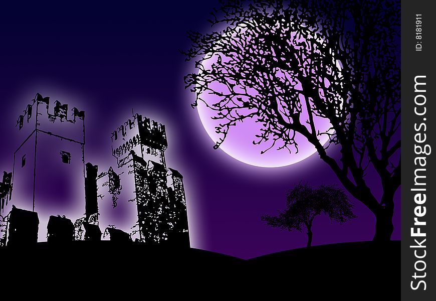 Night medieval scenery fantasy illustration. Night medieval scenery fantasy illustration