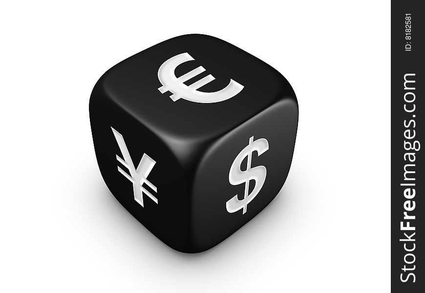 One black dice with dollar euro yen sign isolated on white background. One black dice with dollar euro yen sign isolated on white background