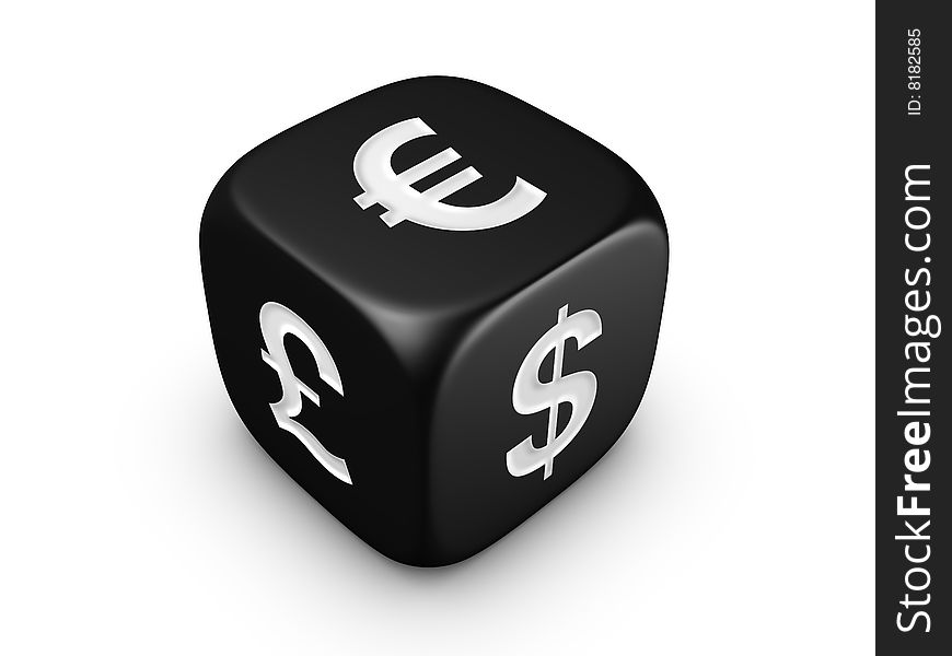 One black dice with dollar euro pound sign isolated on white background. One black dice with dollar euro pound sign isolated on white background