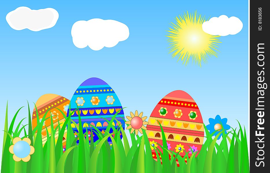 Painted Easter eggs laying in lush green grass on spring sunny day. Painted Easter eggs laying in lush green grass on spring sunny day