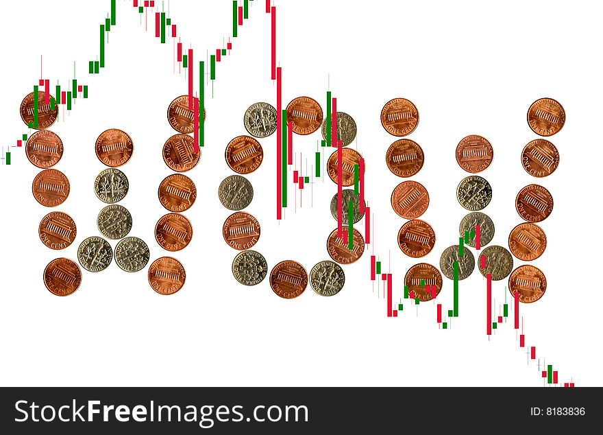 Interjection with coins on candlesticks chart.