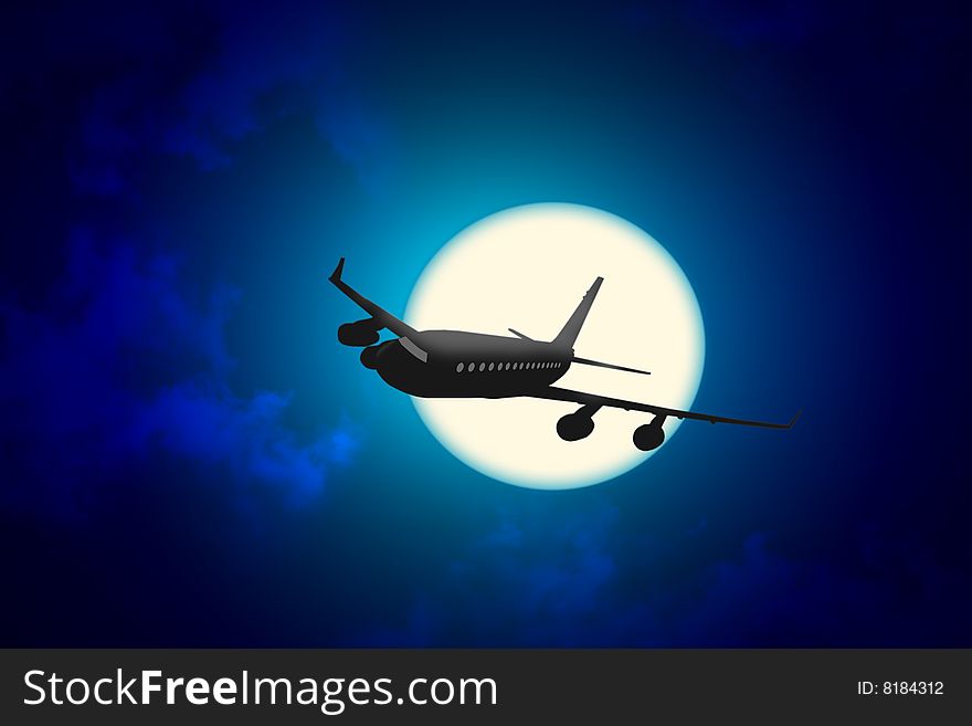 Airplane in the night sky. Airplane in the night sky