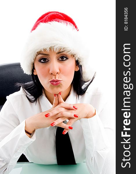 Christmas woman giving kiss with white background