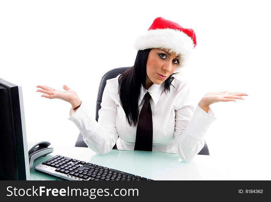 Christmas female in office against white background