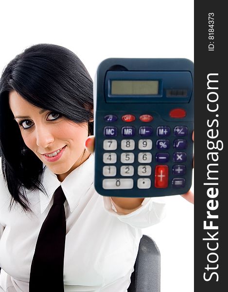 Woman showing calculator on an isolated white background