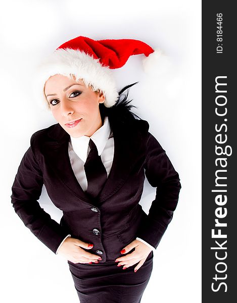 Young employee wearing christmas hat on an isolated white background