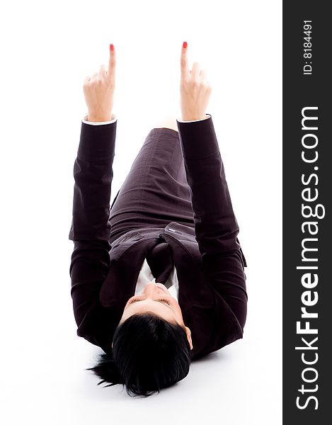 Professional pointing upward with both hands on an isolated white background