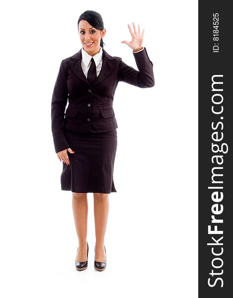 Young businesswoman showing counting hand gesture on an isolated white background