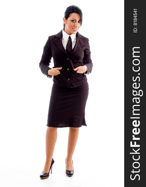 Young businesswoman standing on an isolated white background