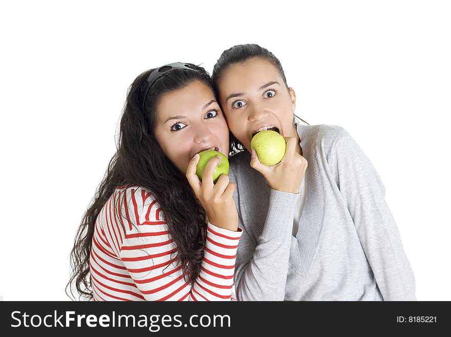 Two friends eating apple isolated on white background
