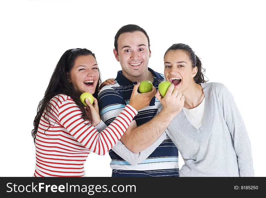 Friends eating apple together isolated on white background