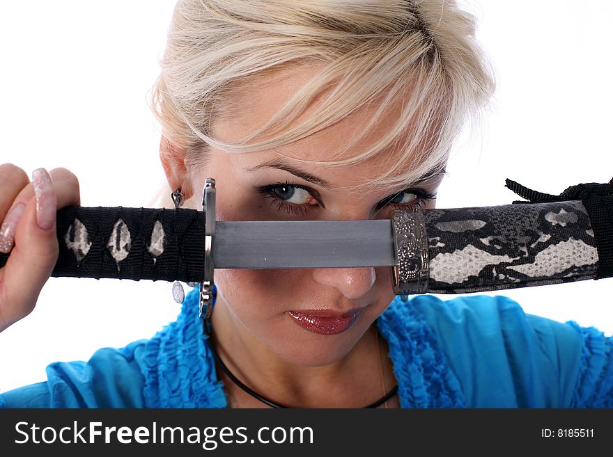 Lovely girl with katana isolated on white. Lovely girl with katana isolated on white