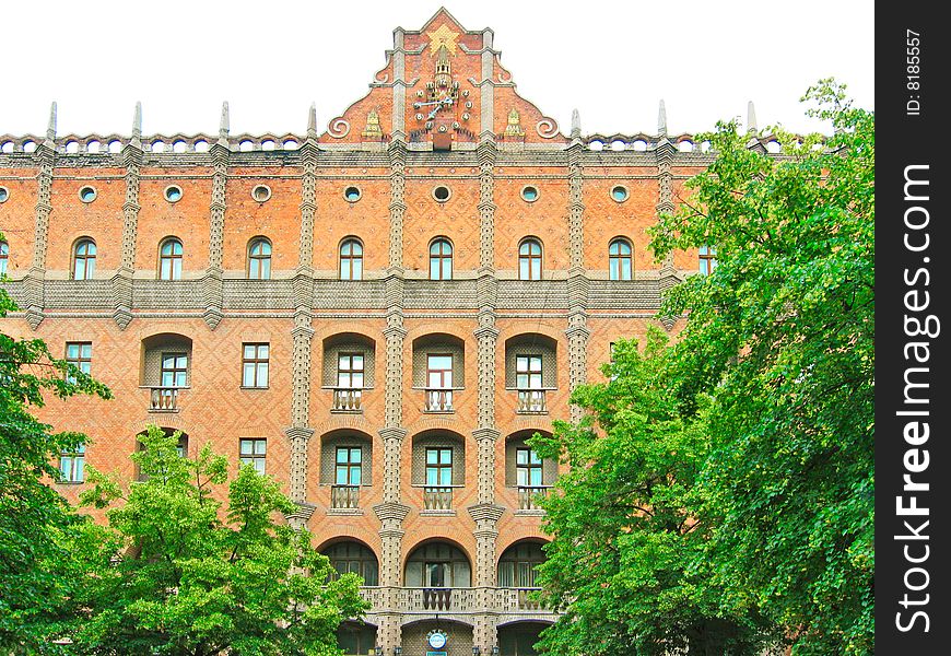 Red brick facade of The Ukraine Hotel (building of 1940's)