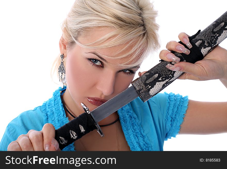 Girl holding in her hands a katana isolated on white. Girl holding in her hands a katana isolated on white