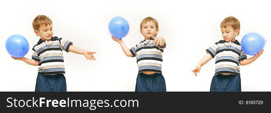 Boy with blue balloon over white