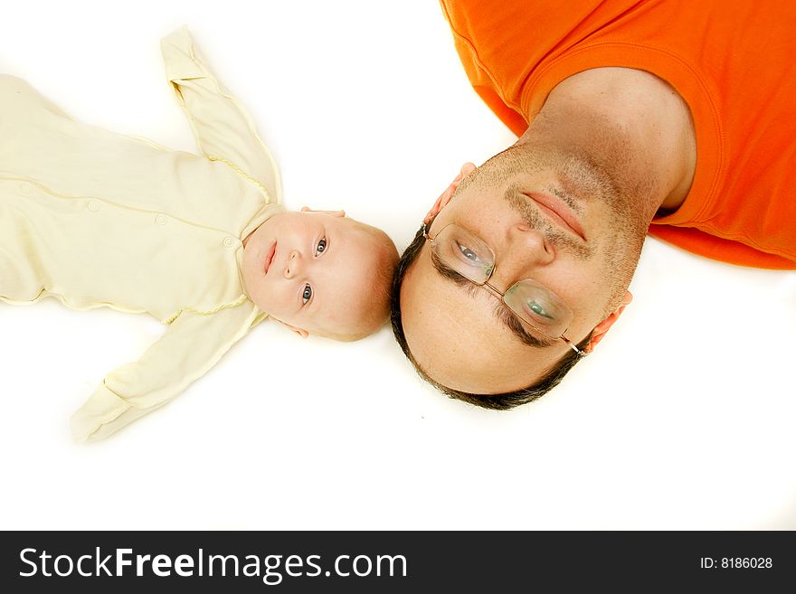 Father and baby over white