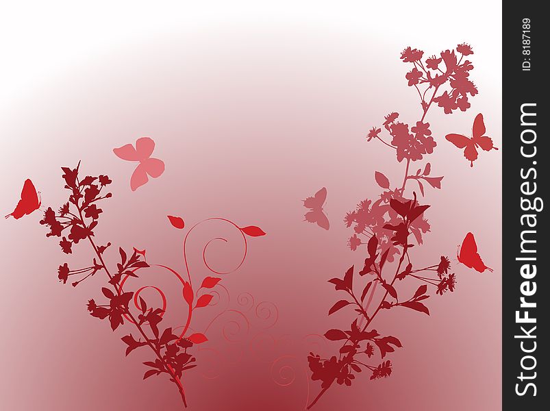 Illustration with cherry tree flowers and butterflies silhouette on white background. Illustration with cherry tree flowers and butterflies silhouette on white background
